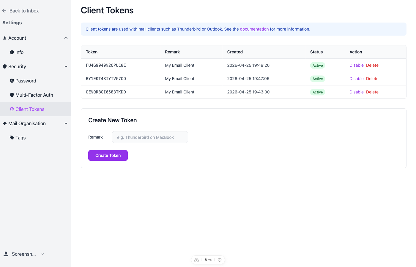 Personal Client Tokens List